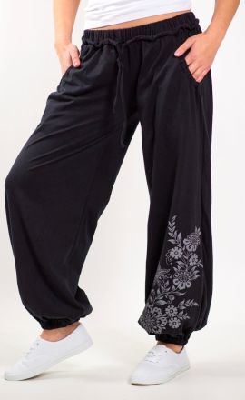 Damenhose Purano aus leichter Baumwolle Schwarz mit Wiesenblüten
