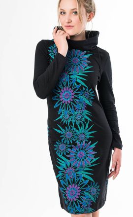 Kleid Michaela Gautam Hede Schwarz mit Türkisblüten