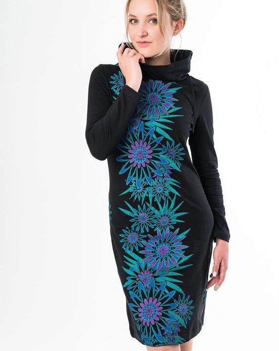 Kleid Michaela Gautam Hede Schwarz mit Türkisblüten